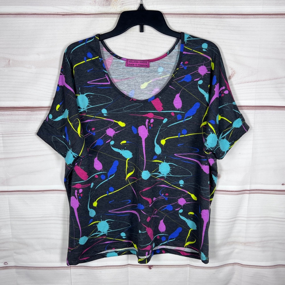 Melissa Masse Top Womens Small Gray Paint Splatter Short Sleeve Scoop Neck Artsy
